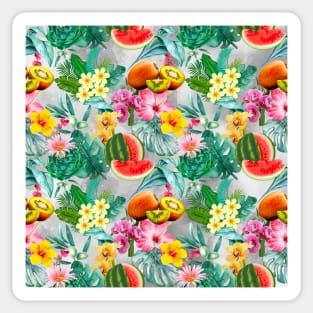 Vibrant tropical leaves pattern, watermelon illustration, tropical plants, grey colorful tropical fruits Sticker